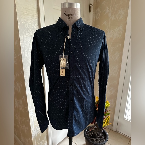 Diesel Men’s Button Down Slim Fit Shirt XL NWTS Polka Dot Italy Midnight Blue - Picture 1 of 9